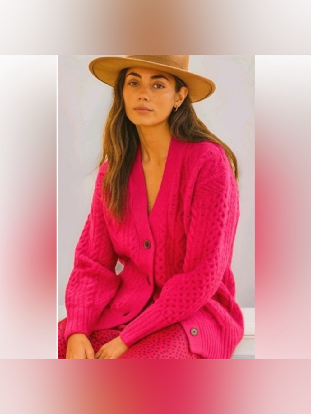 J.Crew Cable-knit Stretch Cardigan in Wild Fuchsia Pink Oversized Sweater S